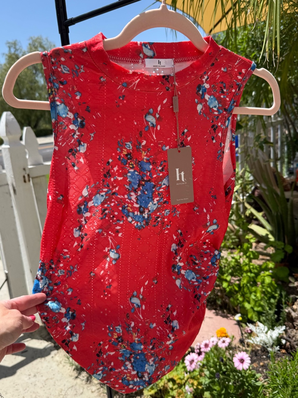 Red and blue high neck ruched tank